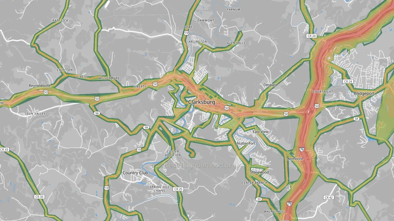 Clarksburg, WV Map of Noise Levels in Clarksburg