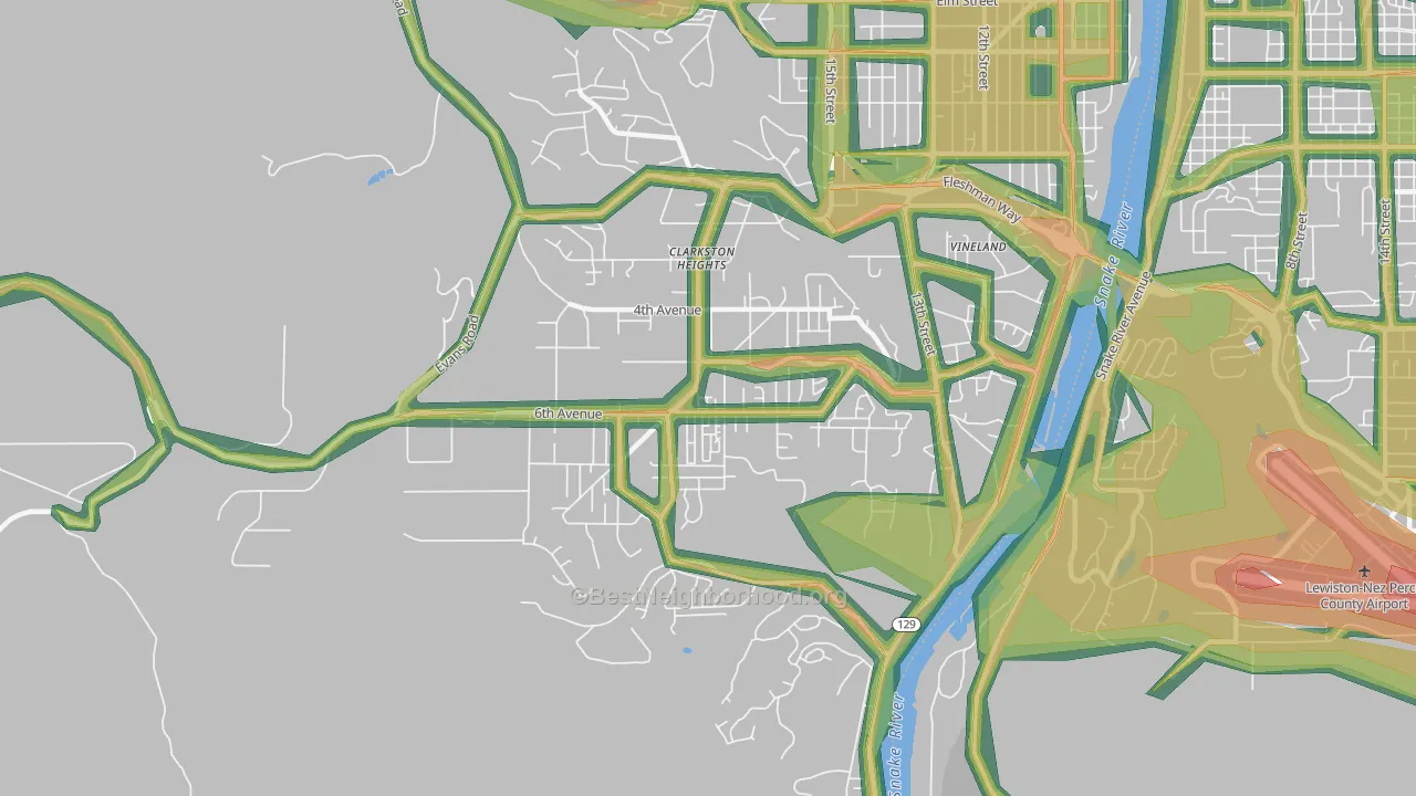 Clarkston Heights-Vineland, WA Map of Noise Levels in Clarkston Heights-Vineland