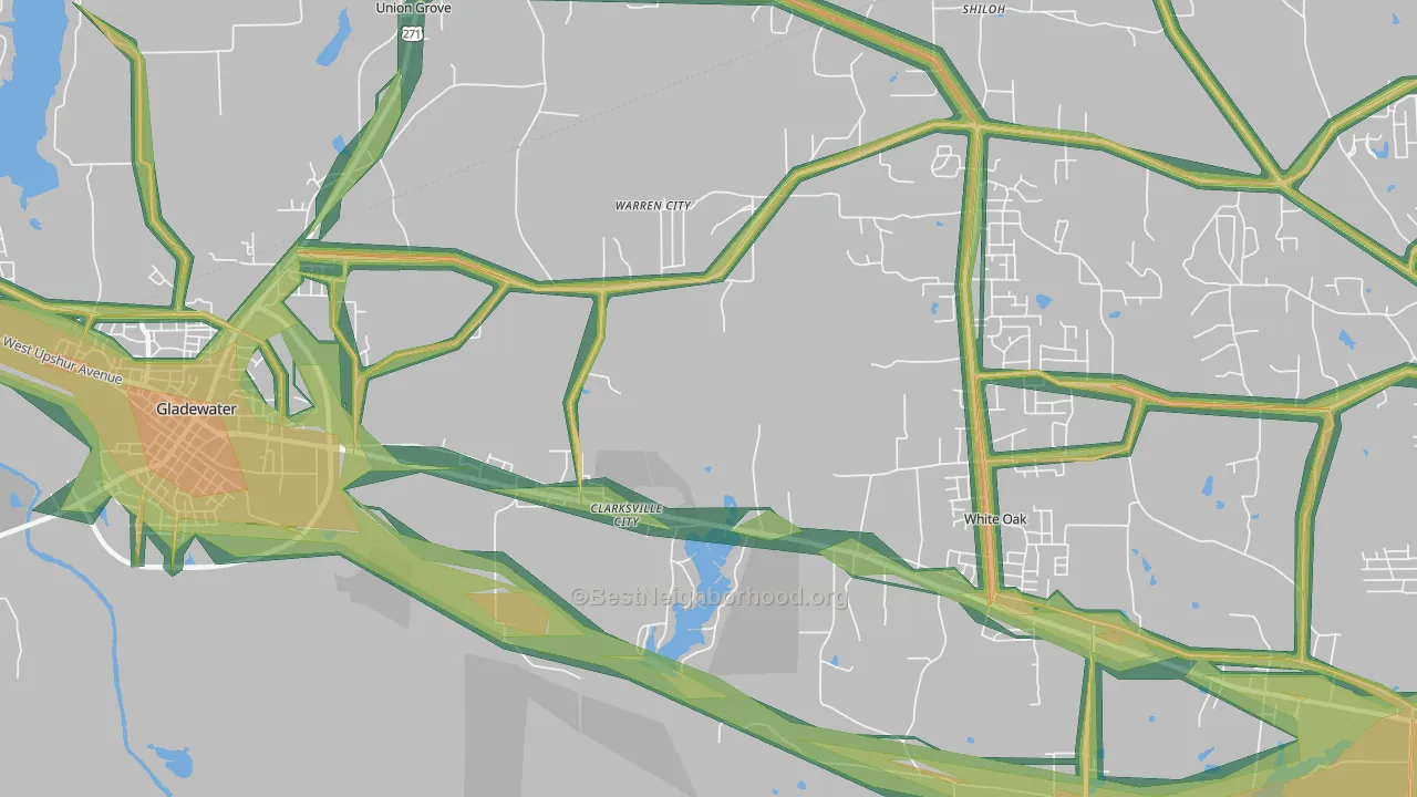 Clarksville City, TX Map of Noise Levels in Clarksville City
