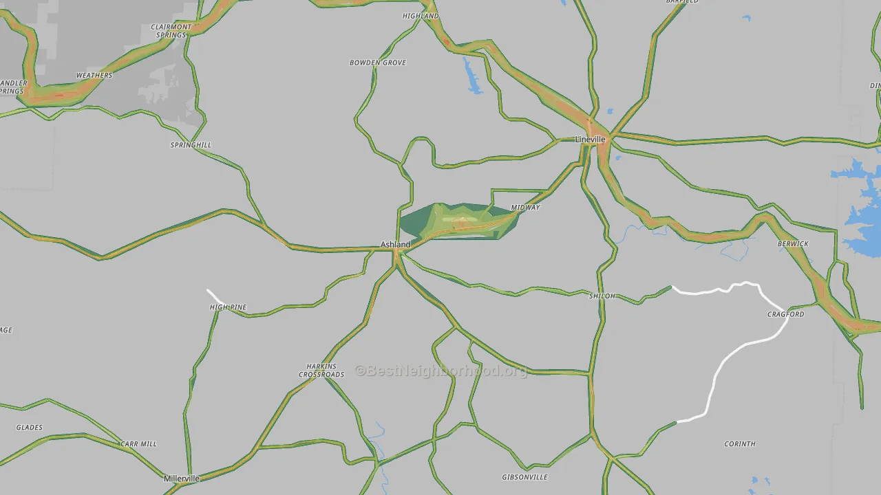 Clay County, AL Map of Noise Levels in Clay County