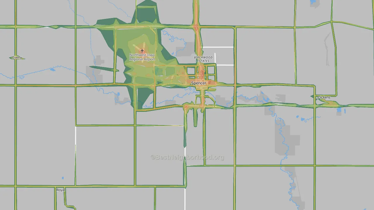 Clay County, IA Map of Noise Levels in Clay County