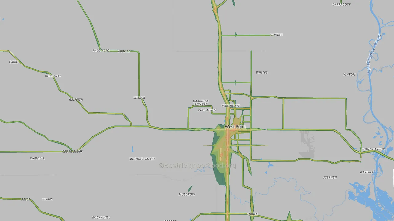 Clay County, MS Map of Noise Levels in Clay County