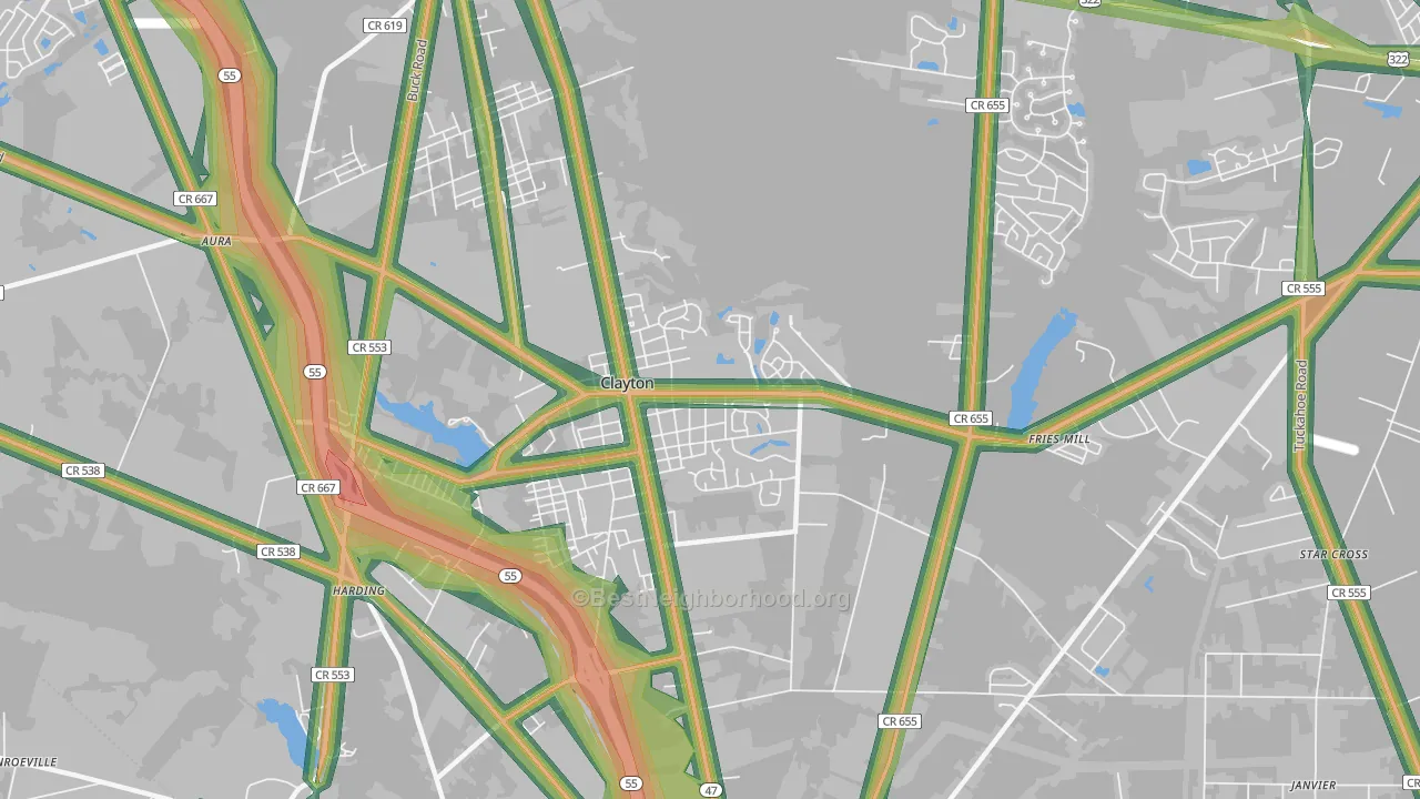 Clayton, NJ Map of Noise Levels in Clayton