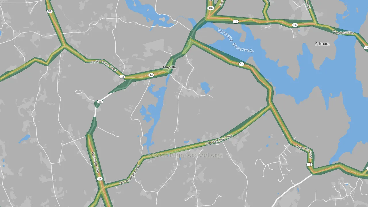 Clayville, RI Map of Noise Levels in Clayville