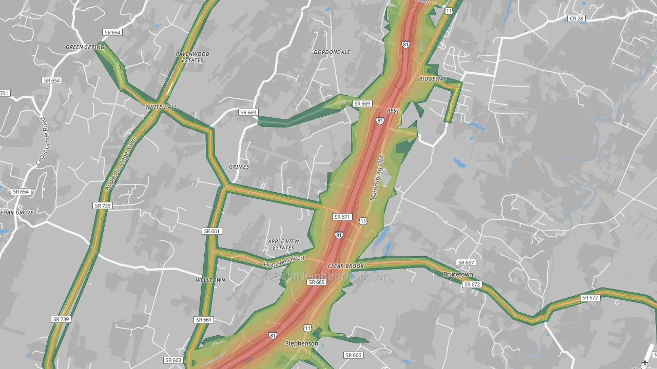 Clear Brook, VA Map of Noise Levels in Clear Brook