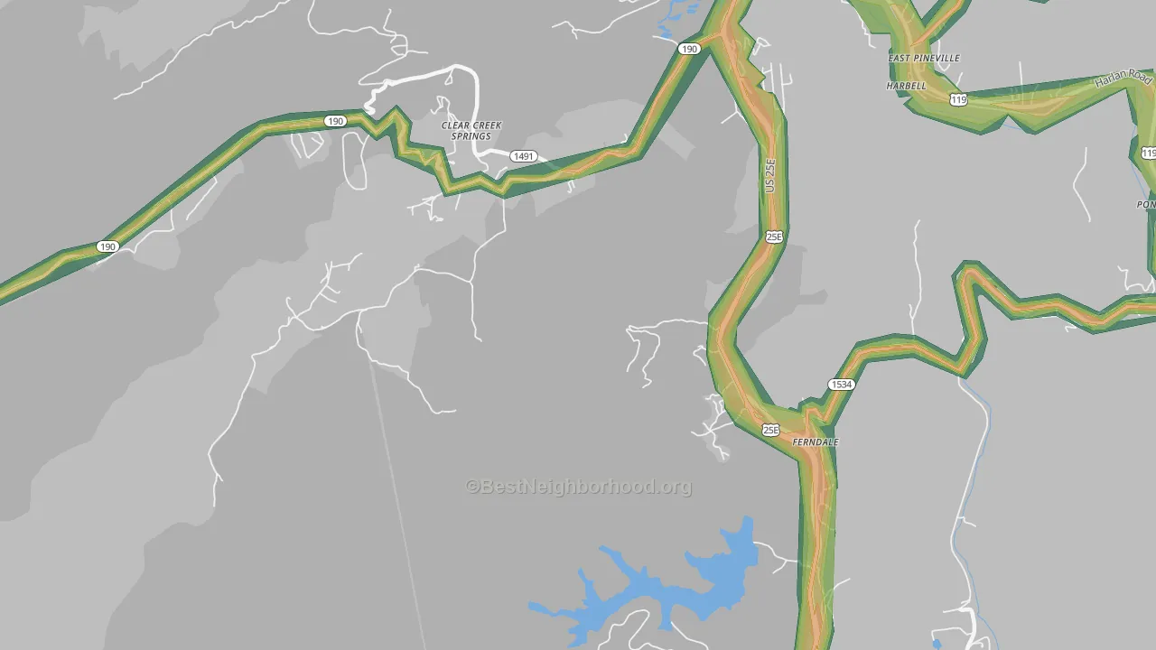 Clear Creek Springs, KY Map of Noise Levels in Clear Creek Springs