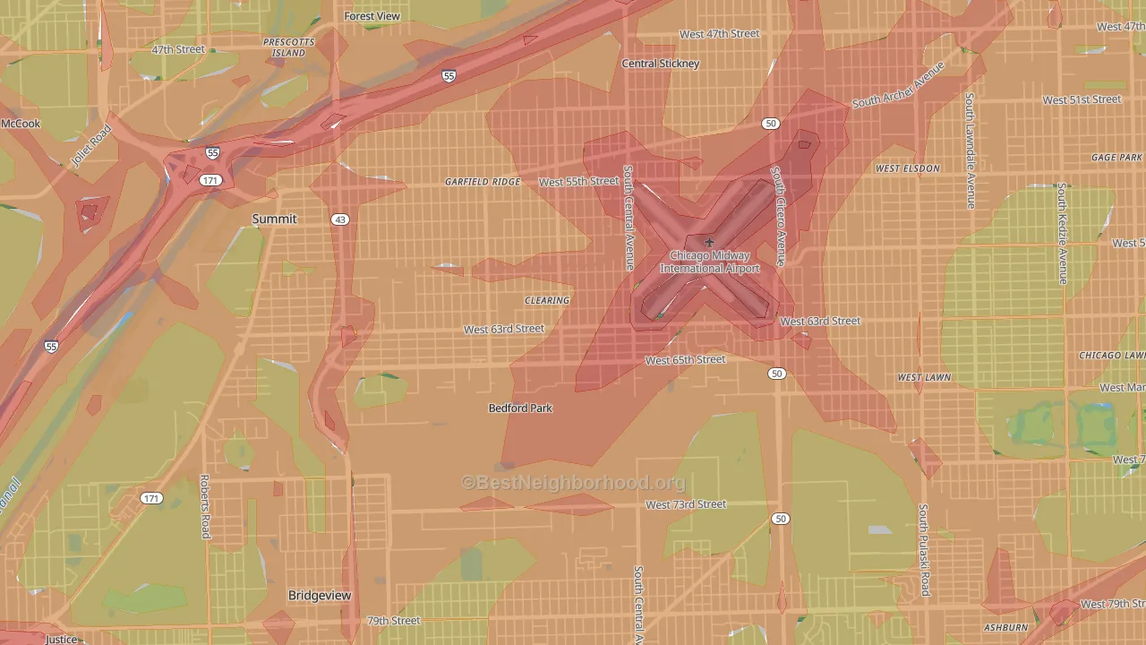 Clearing, Chicago, IL Map of Noise Levels in Clearing