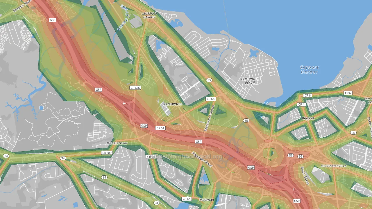 Cliffwood, NJ Map of Noise Levels in Cliffwood