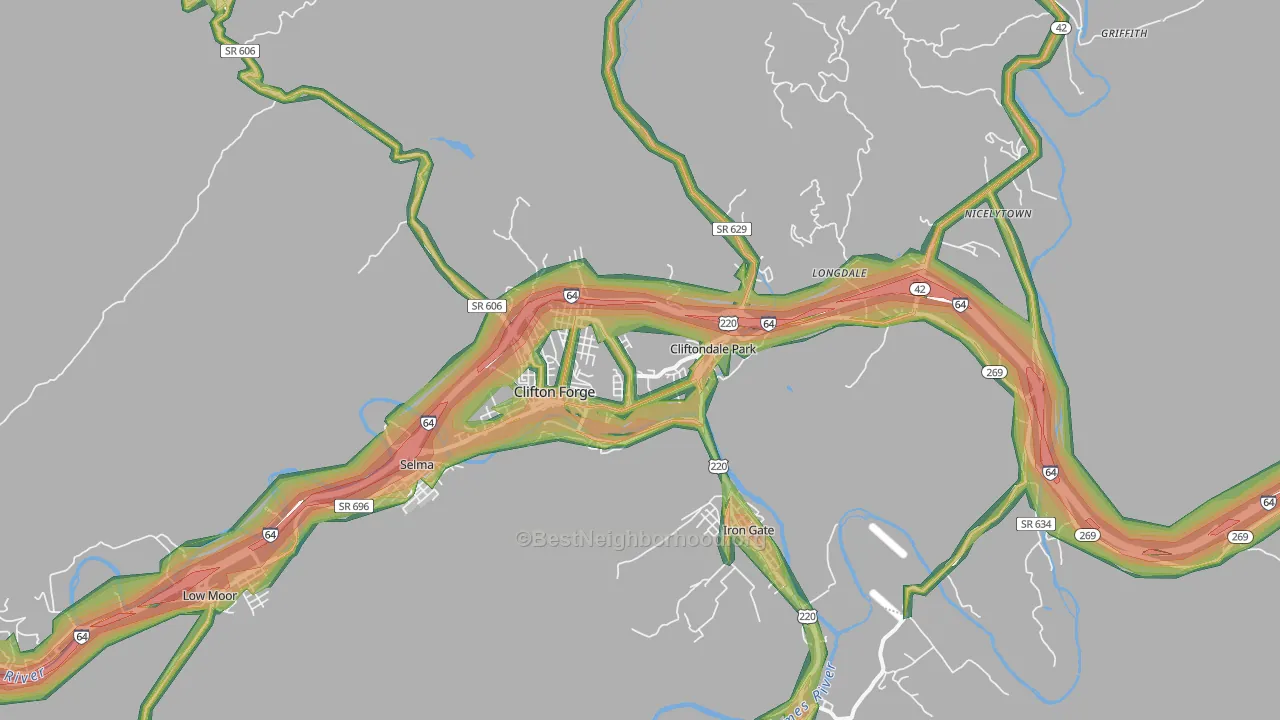 Clifton Forge, VA Map of Noise Levels in Clifton Forge