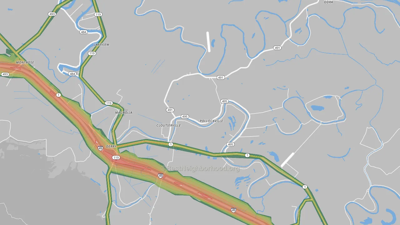 Cloutierville, LA Map of Noise Levels in Cloutierville