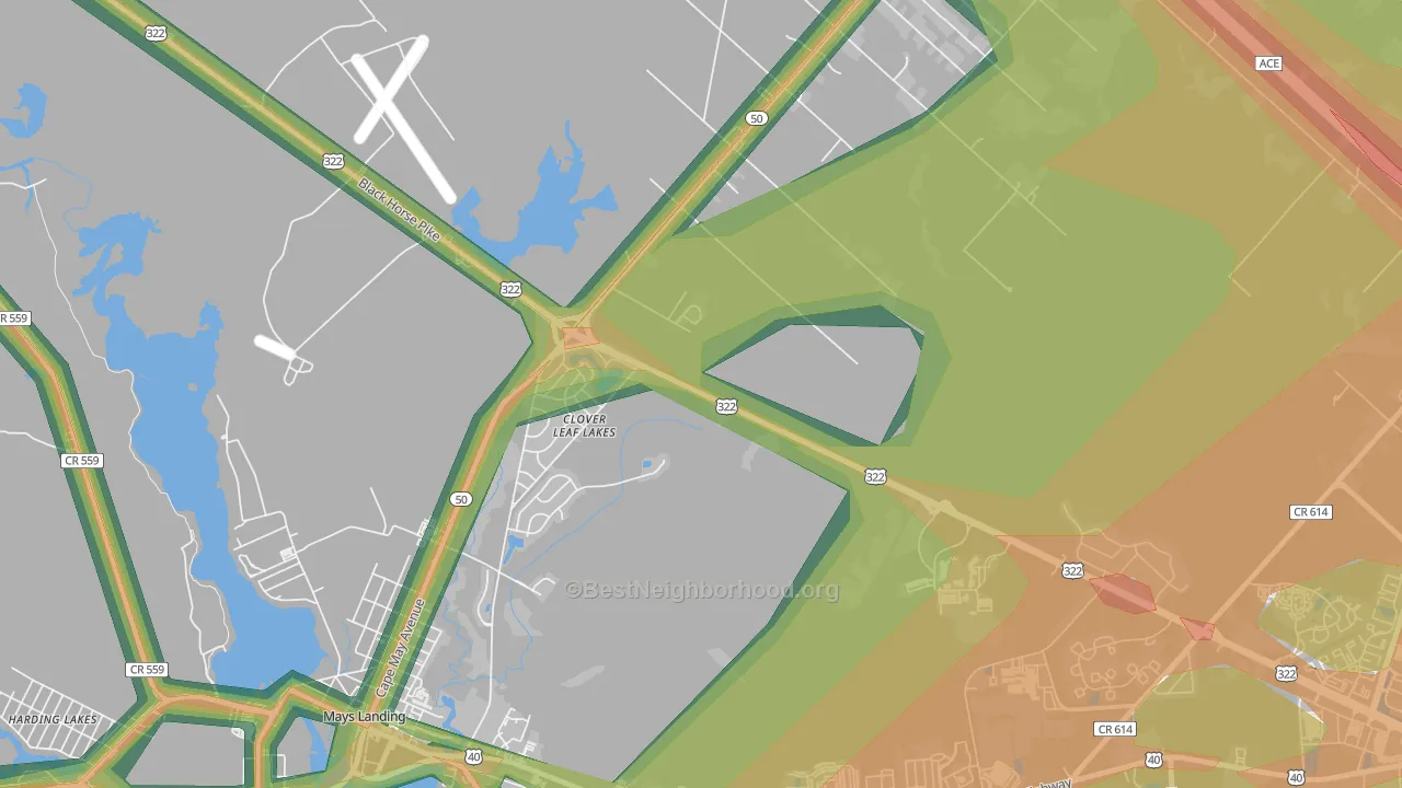 Clover Leaf Lakes, NJ Map of Noise Levels in Clover Leaf Lakes