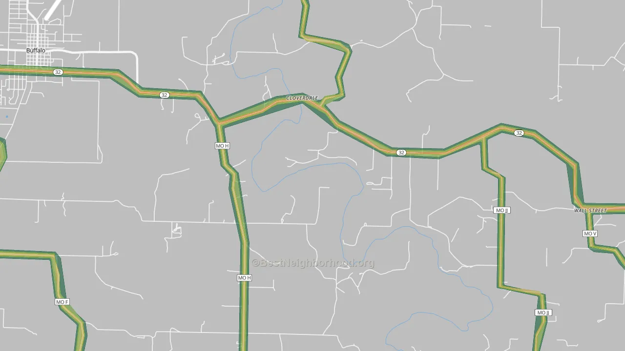 Cloverdale, MO Map of Noise Levels in Cloverdale