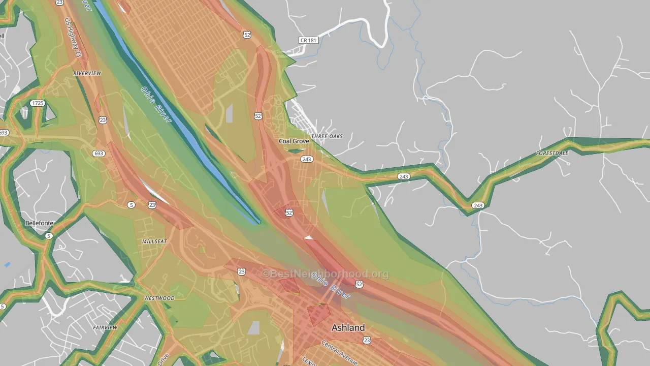Coal Grove, OH Map of Noise Levels in Coal Grove