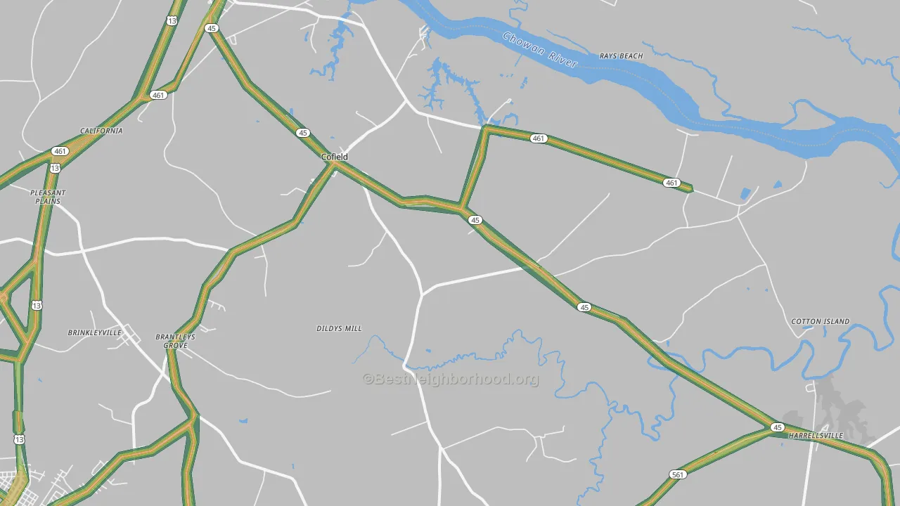 Cofield, NC Map of Noise Levels in Cofield