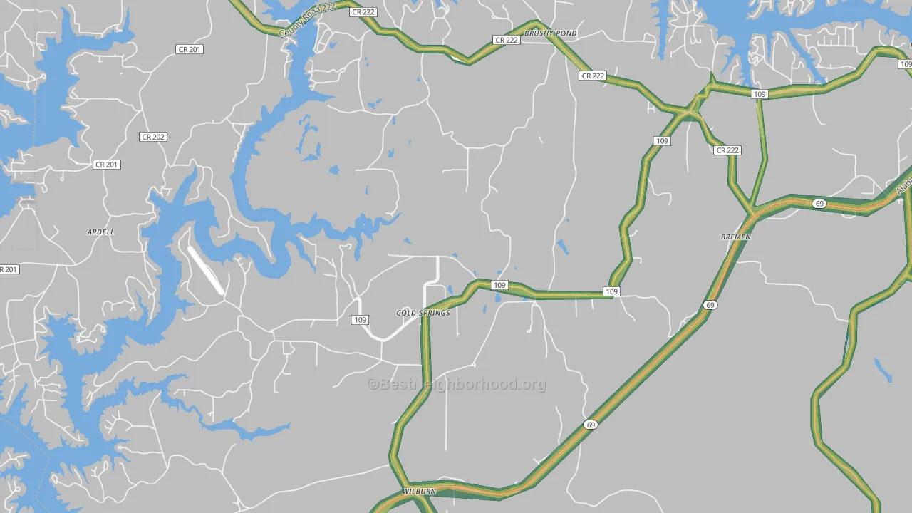 Cold Springs, AL Map of Noise Levels in Cold Springs