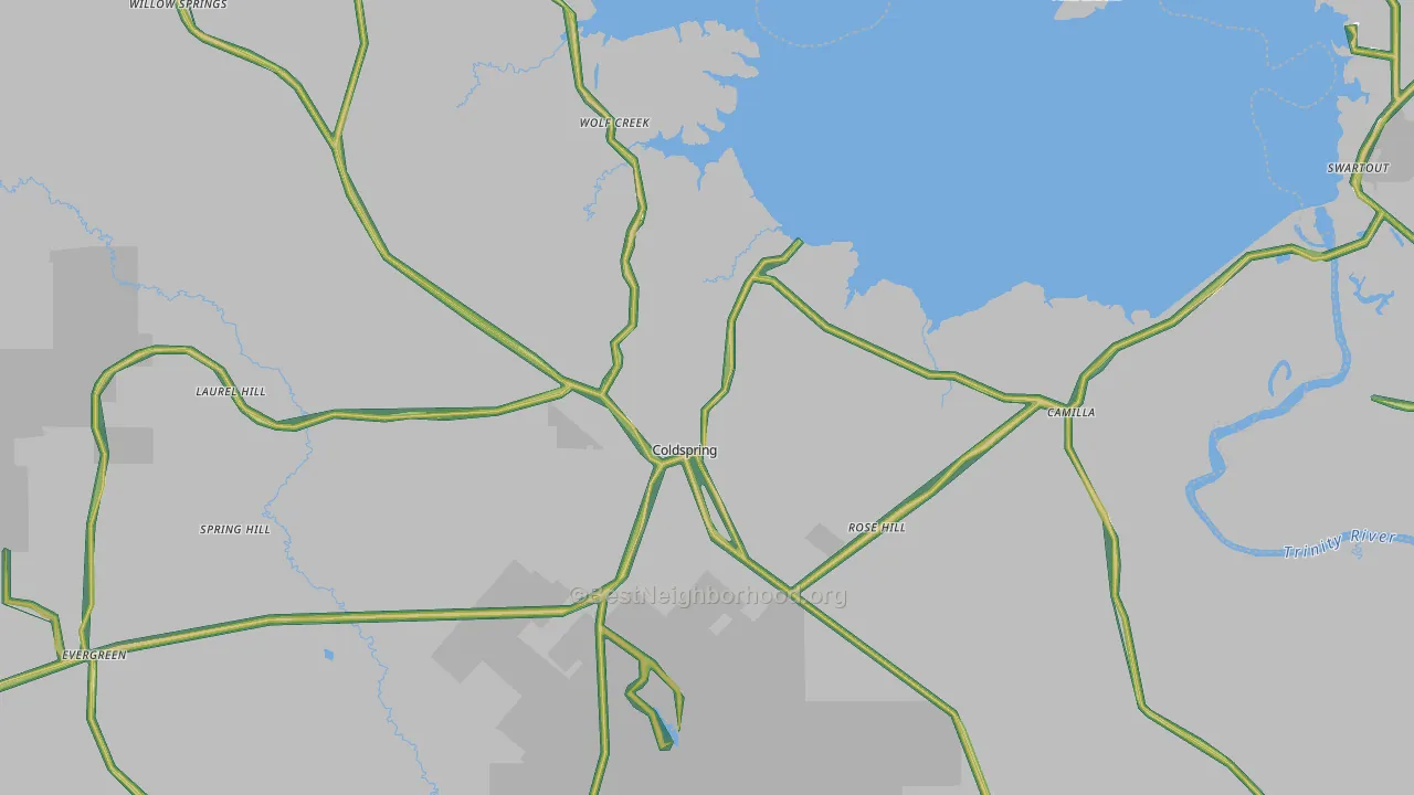Coldspring, TX Map of Noise Levels in Coldspring