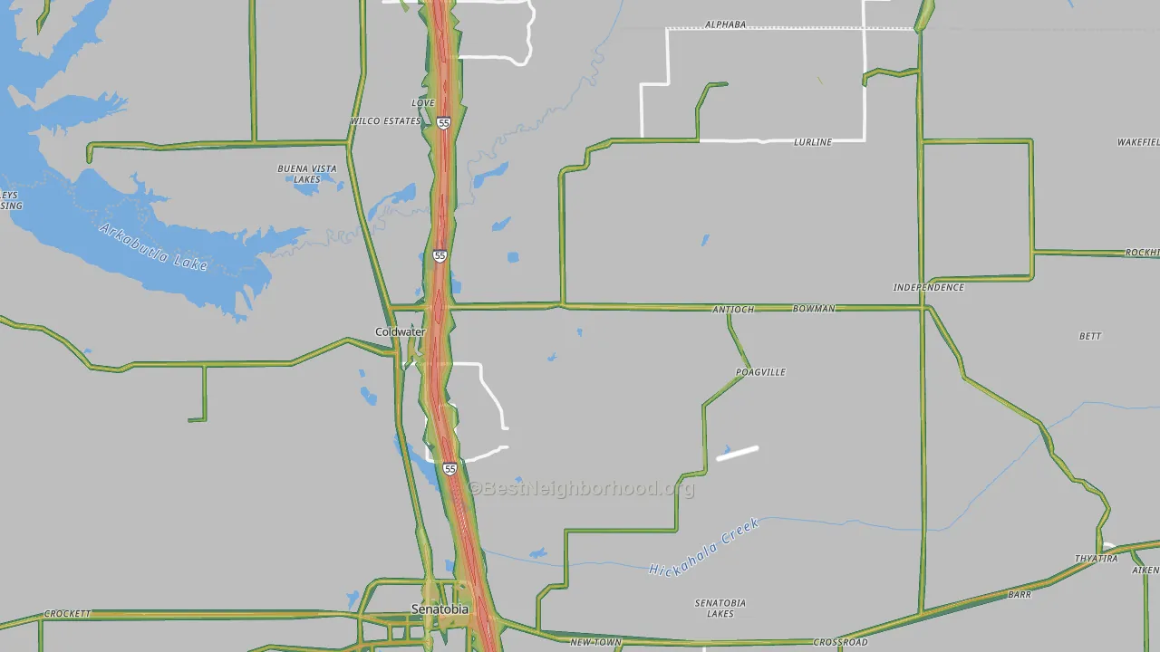 Coldwater, MS Map of Noise Levels in Coldwater