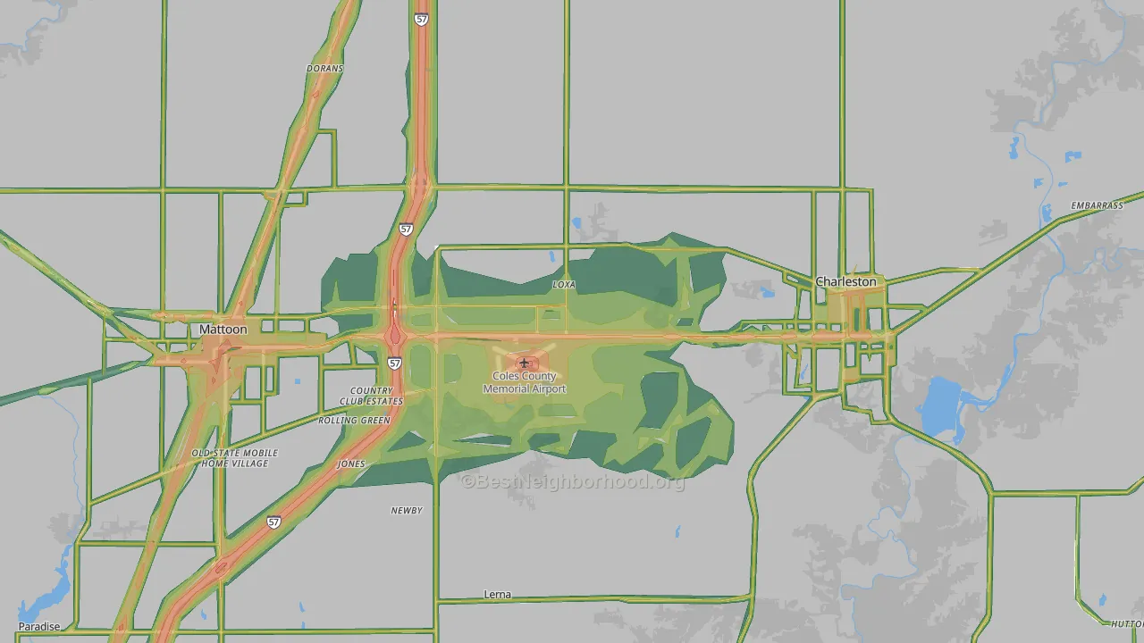 Coles County, IL Map of Noise Levels in Coles County
