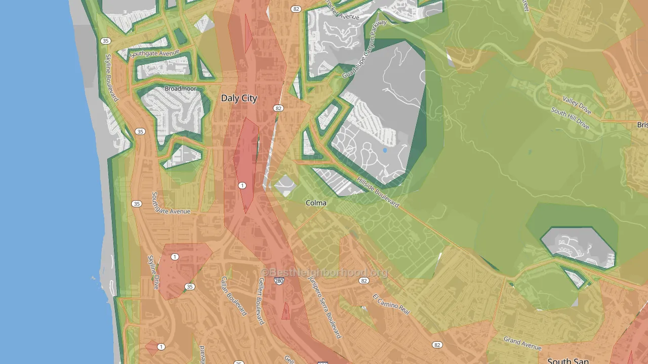 Colma, CA Map of Noise Levels in Colma