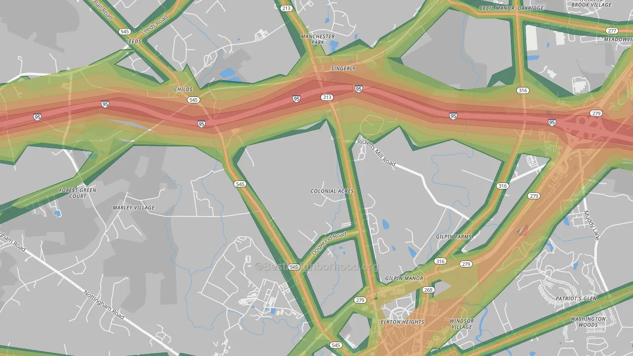 Colonial Acres, MD Map of Noise Levels in Colonial Acres