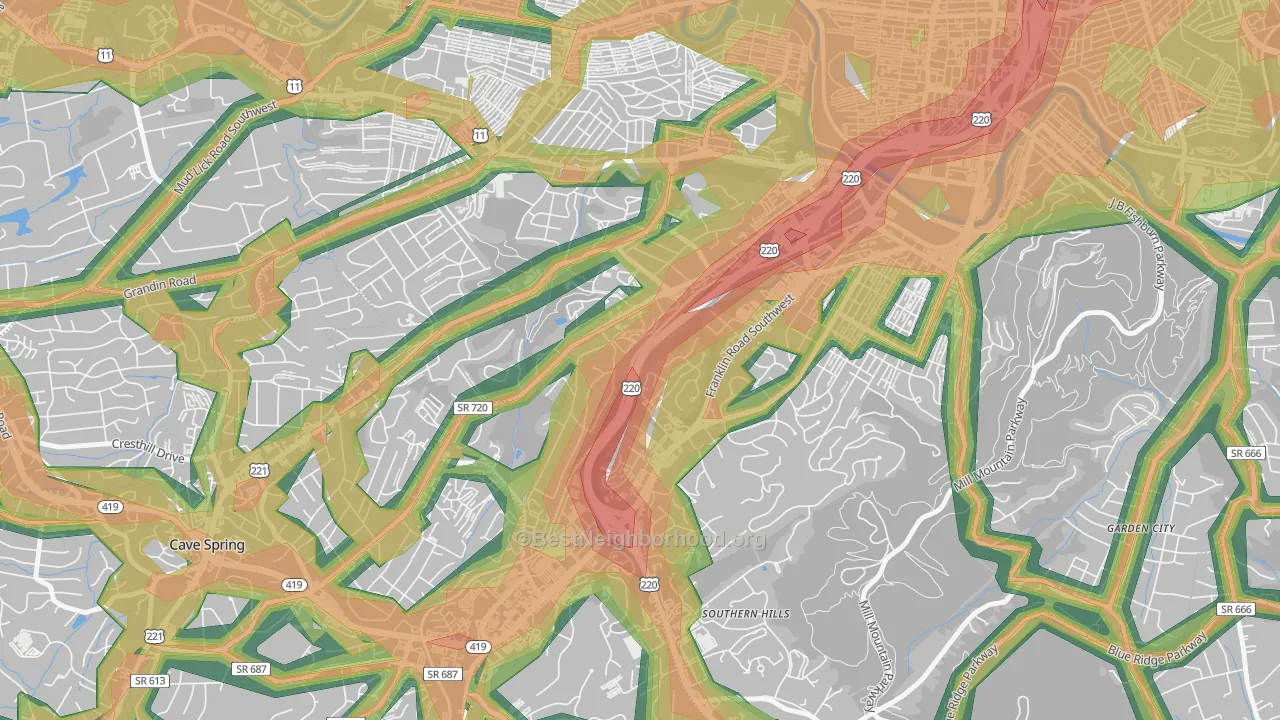 Colonial Avenue Area, Roanoke, VA Map of Noise Levels in Colonial Avenue Area