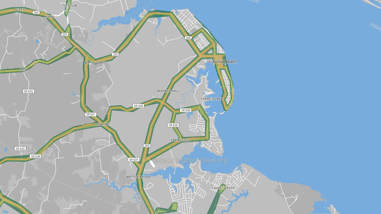 Colonial Beach, VA Map of Noise Levels in Colonial Beach