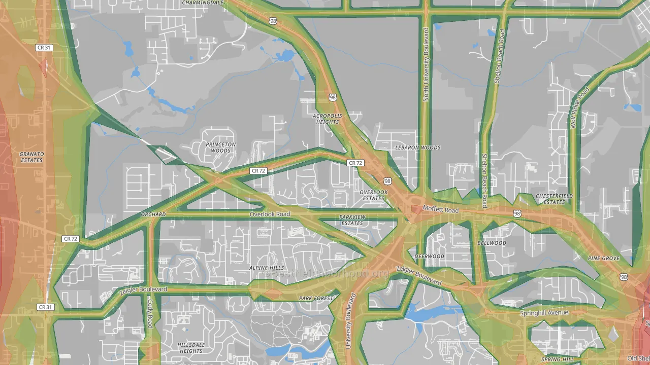 Colonial Heights, Mobile, AL Map of Noise Levels in Colonial Heights