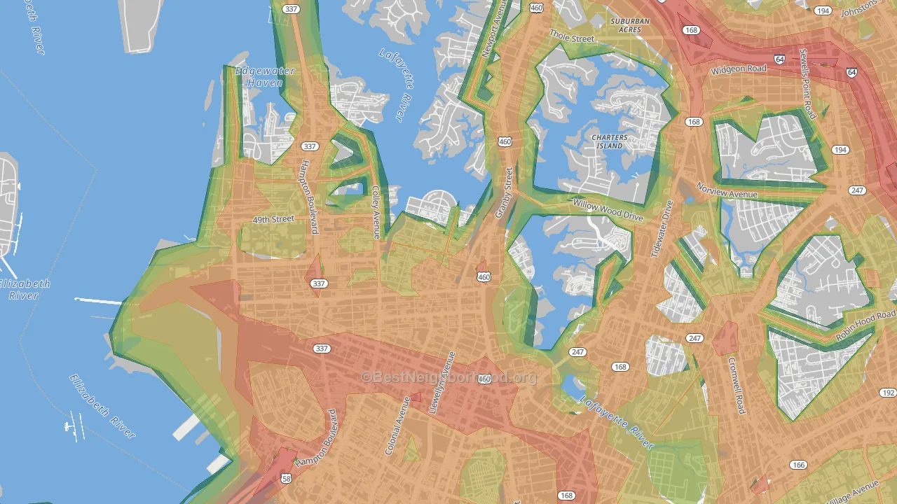 Colonial Place Riverview, Norfolk, VA Map of Noise Levels in Colonial Place Riverview