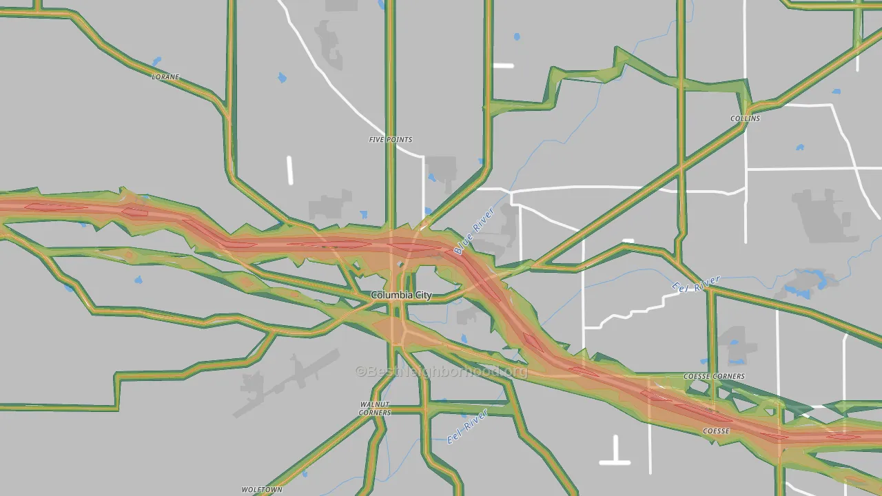 Columbia City, IN Map of Noise Levels in Columbia City