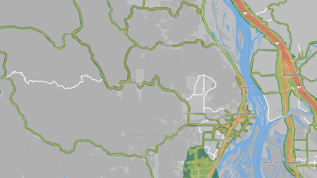 Columbia County, OR Map of Noise Levels in Columbia County