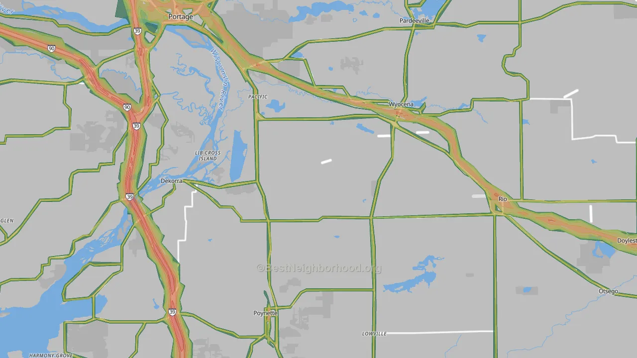 Columbia County, WI Map of Noise Levels in Columbia County