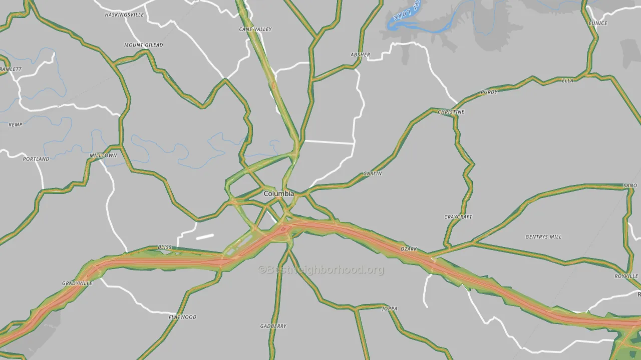 Columbia, KY Map of Noise Levels in Columbia