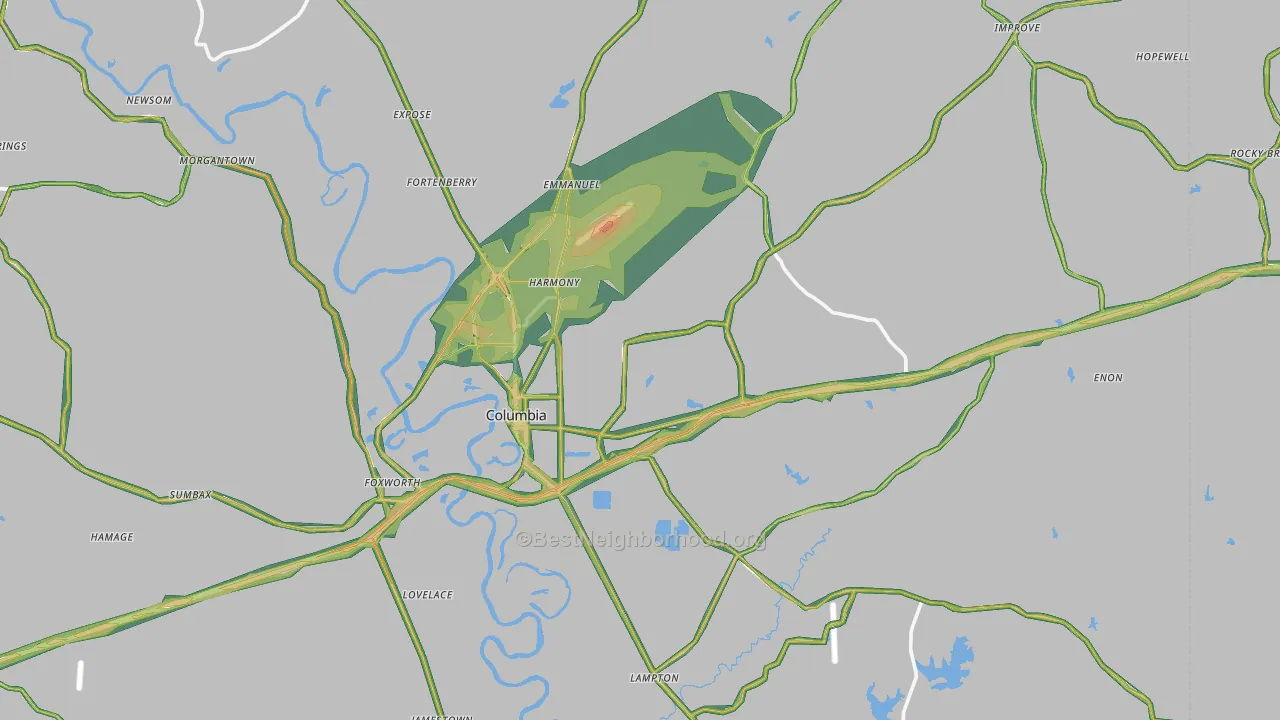 Columbia, MS Map of Noise Levels in Columbia