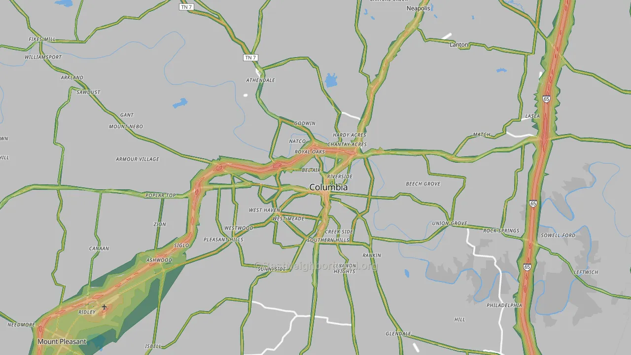Columbia, TN Map of Noise Levels in Columbia