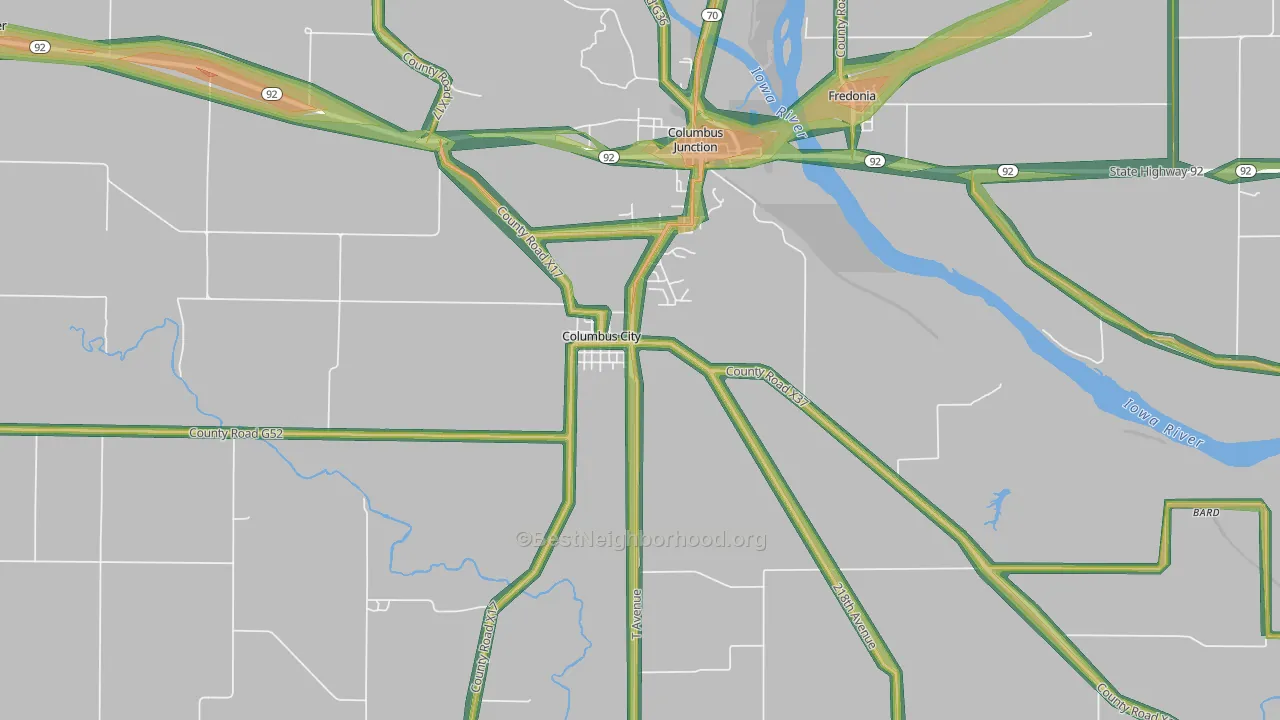 Columbus City, IA Map of Noise Levels in Columbus City
