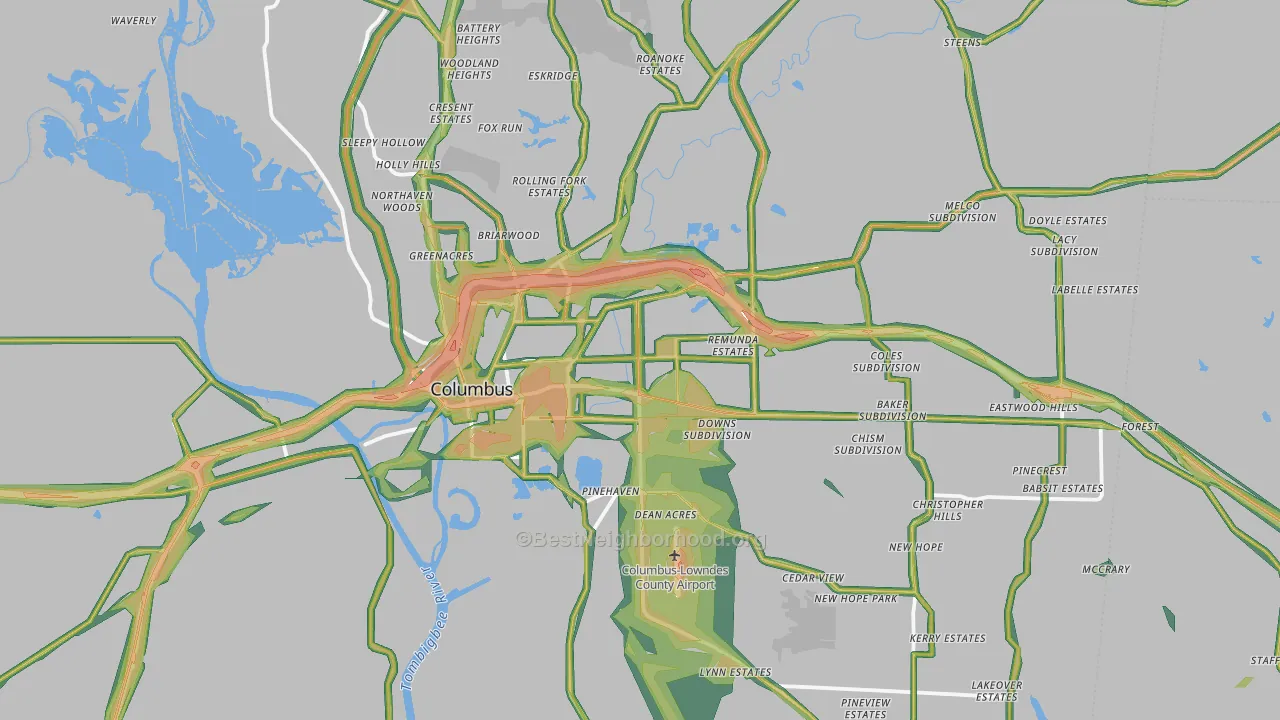 Columbus, MS Map of Noise Levels in Columbus