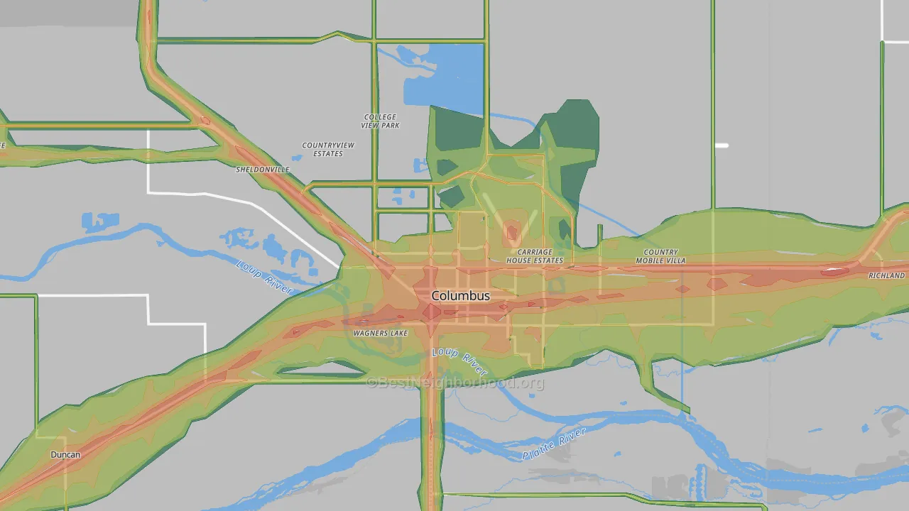 Columbus, NE Map of Noise Levels in Columbus