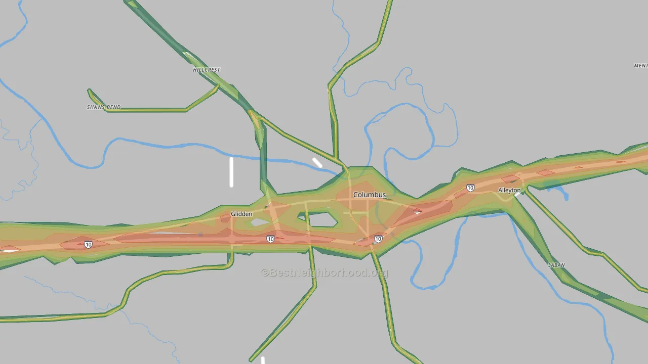 Columbus, TX Map of Noise Levels in Columbus