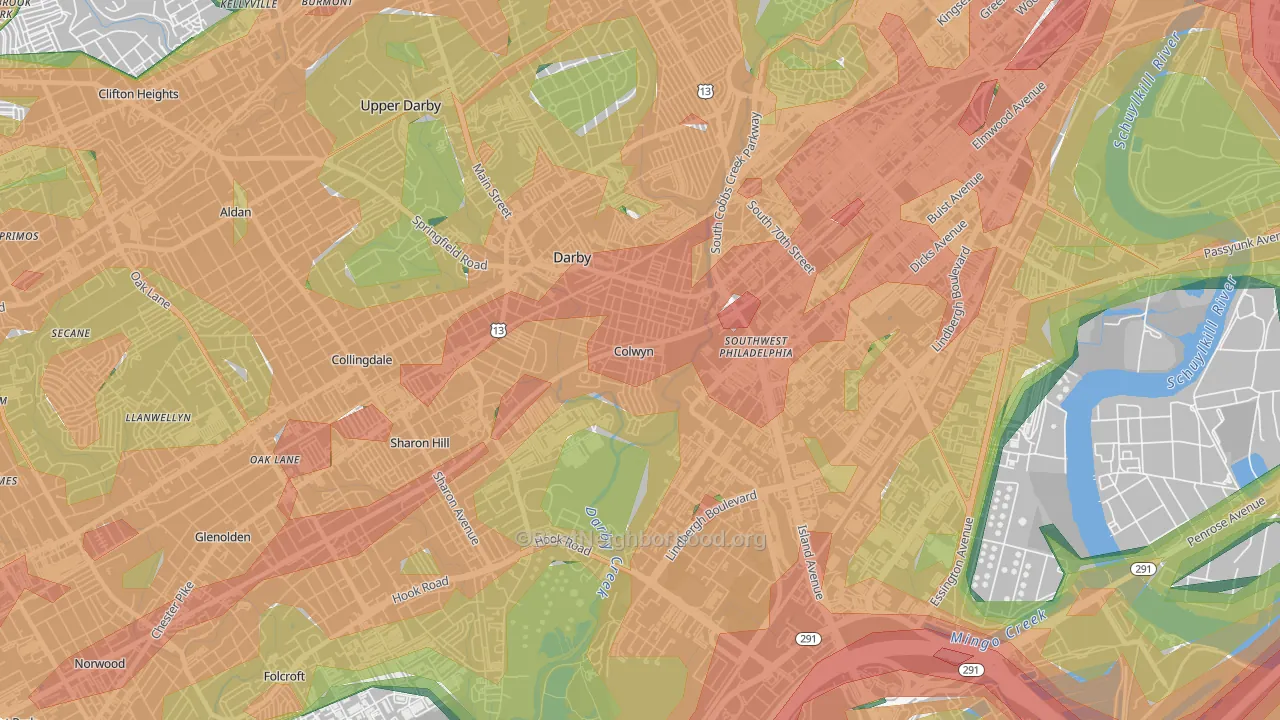 Colwyn, PA Map of Noise Levels in Colwyn