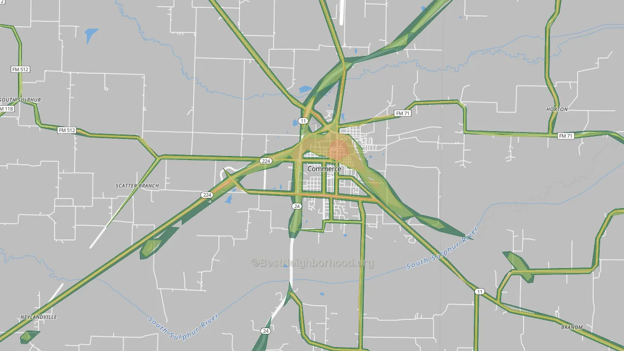 Commerce, TX Map of Noise Levels in Commerce