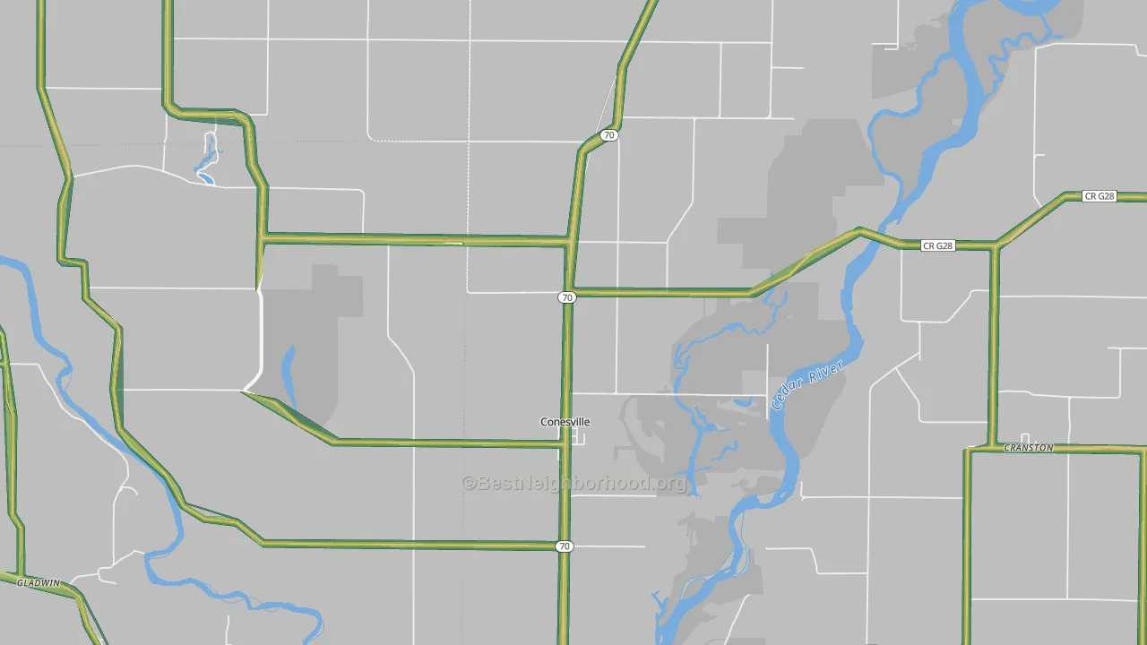Conesville, IA Map of Noise Levels in Conesville