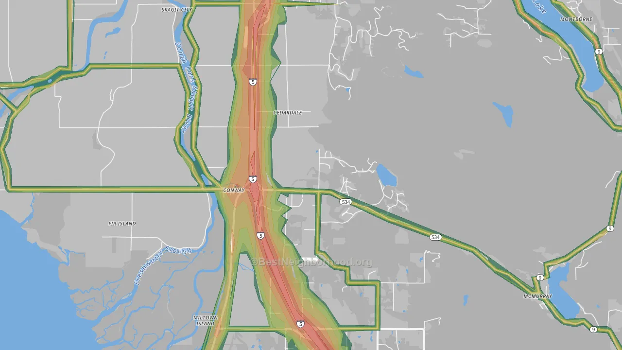 Conway, WA Map of Noise Levels in Conway