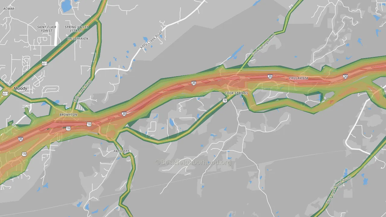 Cook Springs, AL Map of Noise Levels in Cook Springs