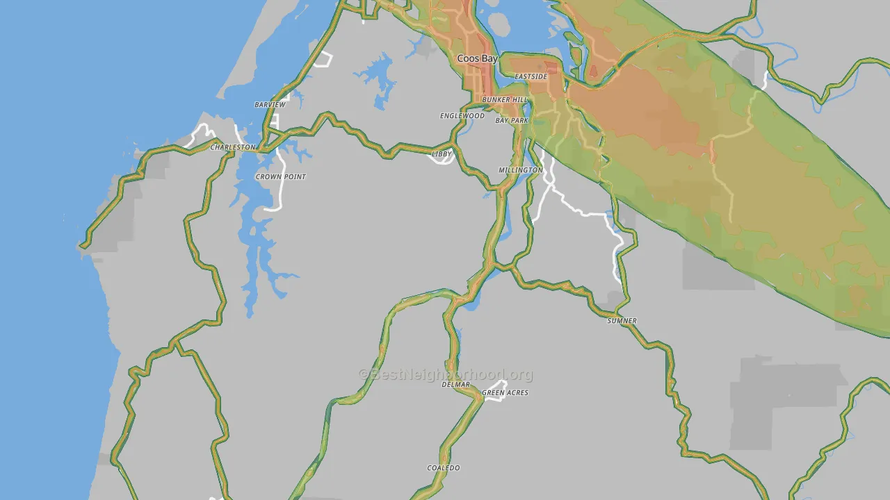 Coos County, OR Map of Noise Levels in Coos County