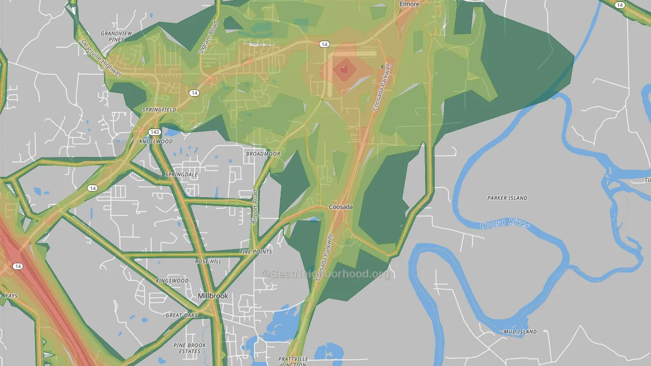 Coosada, AL Map of Noise Levels in Coosada