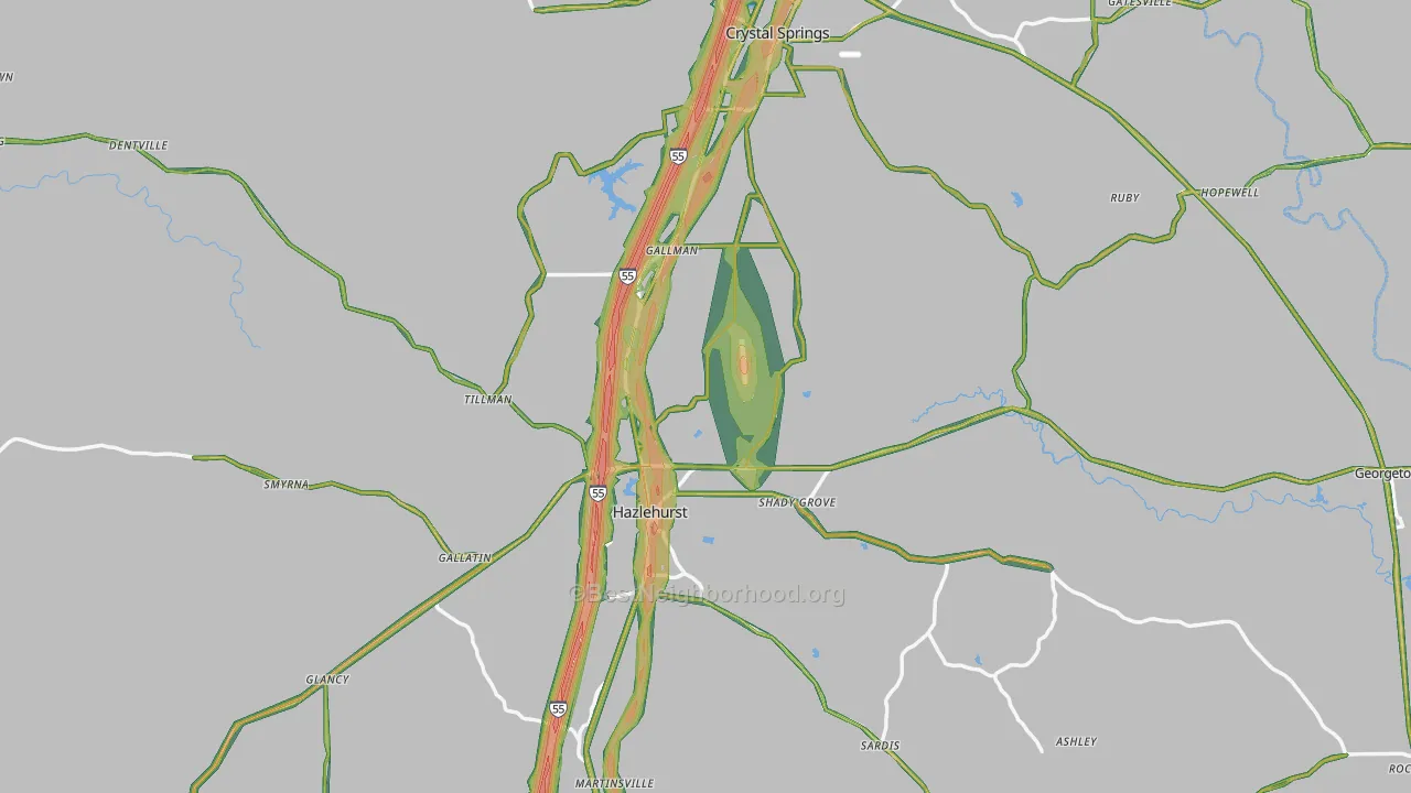Copiah County, MS Map of Noise Levels in Copiah County