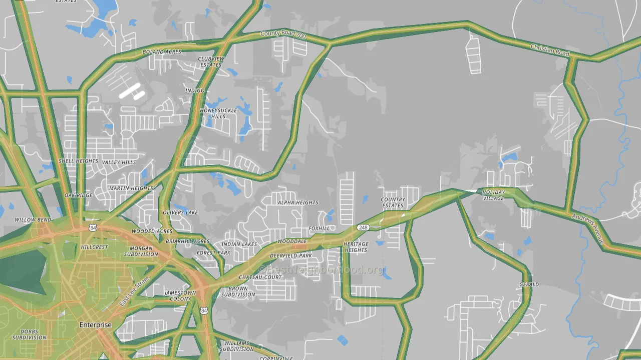 Coppinville, AL Map of Noise Levels in Coppinville