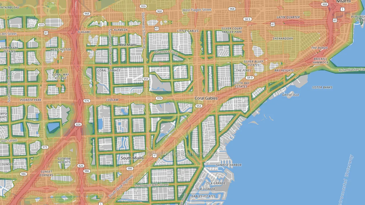 Coral Gables, FL Map of Noise Levels in Coral Gables