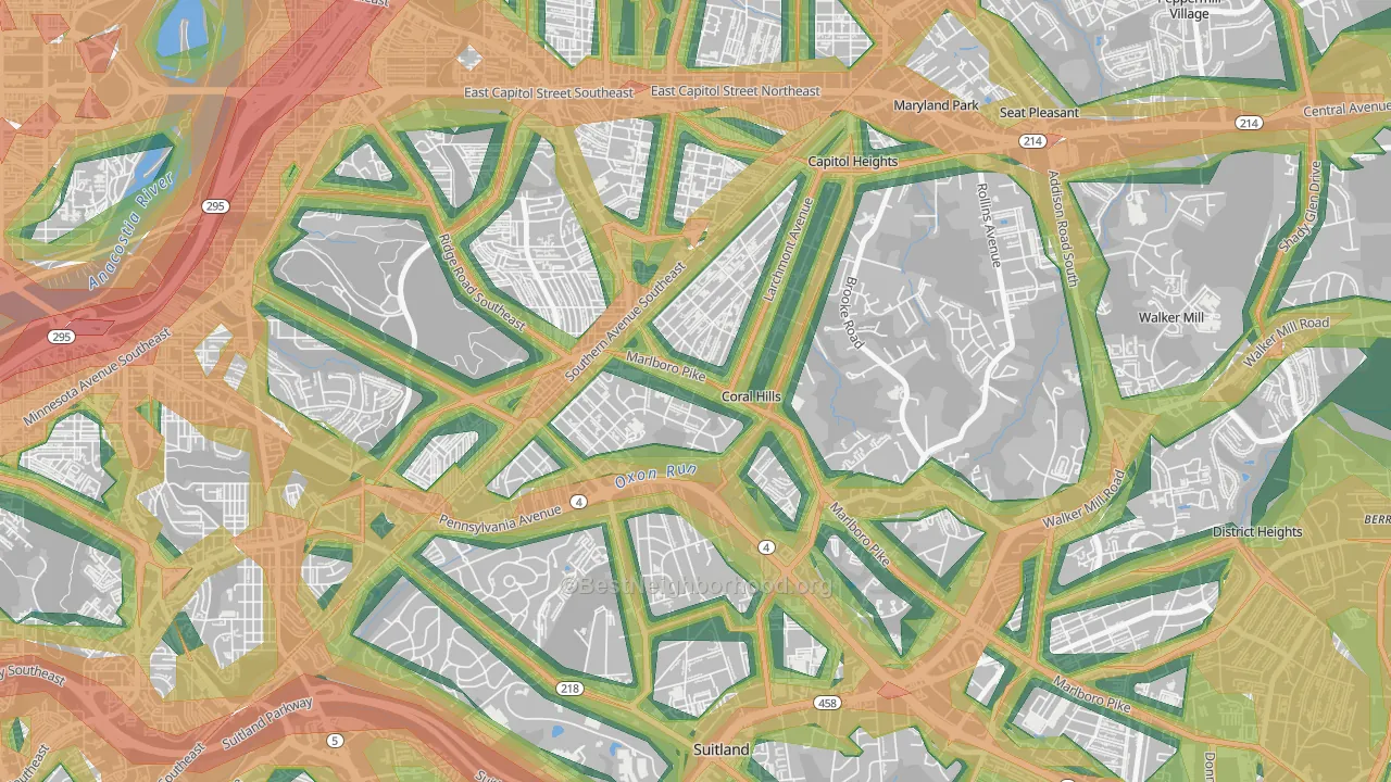Coral Hills, MD Map of Noise Levels in Coral Hills