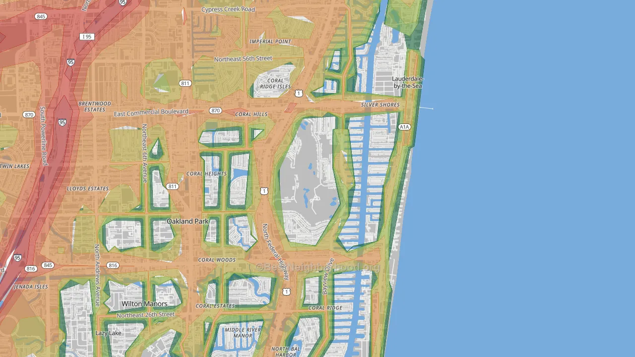 Coral Ridge Country Club Estates, Fort Lauderdale, FL Map of Noise Levels in Coral Ridge Country Club Estates